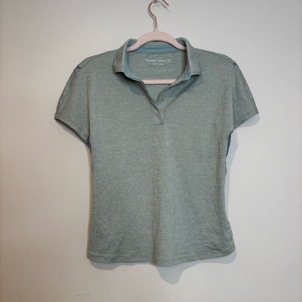 Outdoor Voices Light Gray and green Short Sleeve Polo